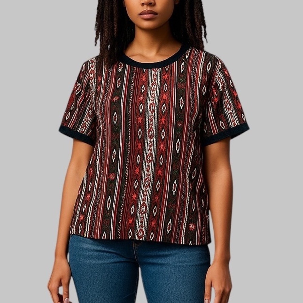 Boho Print Top Faux Leather Trim‎ Short Sleeve Blouse